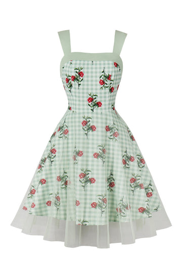 Green Plaid Swing 1950'erne kjole med blomsterprint